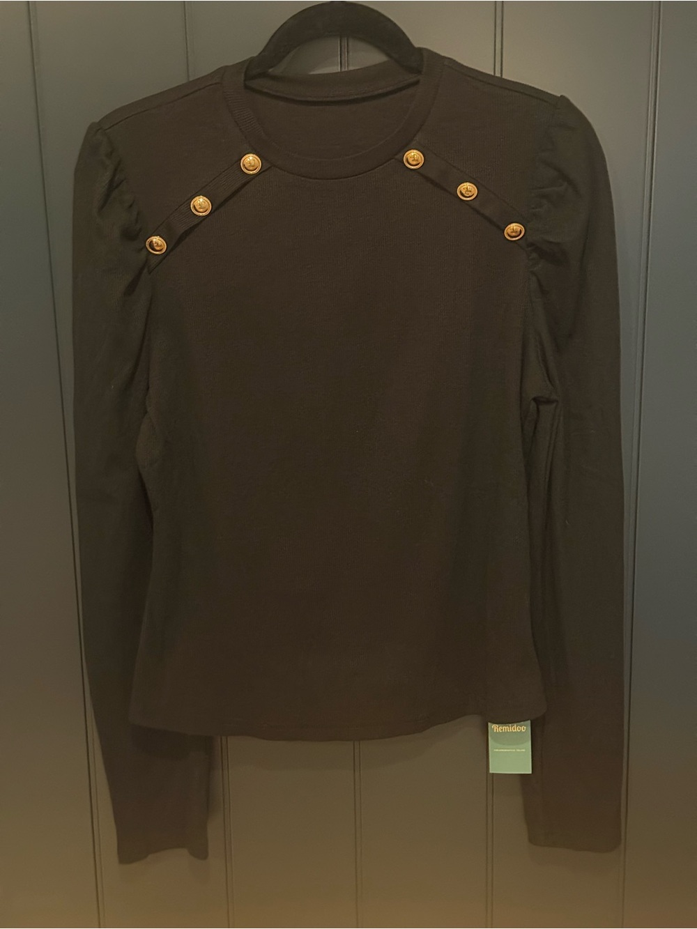 🎩 NEW Remidoo Women’s Black Puff-Sleeve Gold Button Accents - Slim Fit